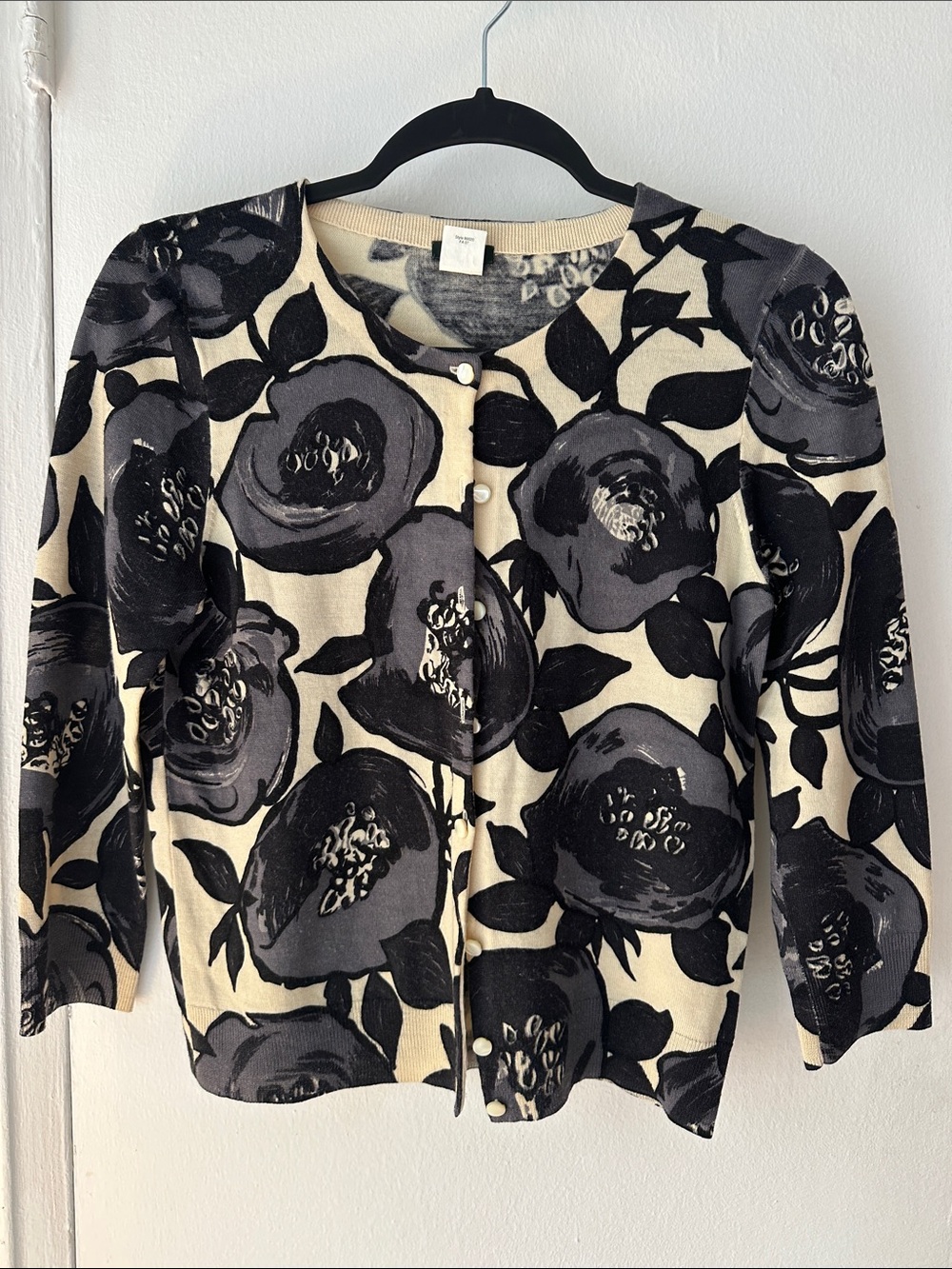 J. Crew Floral Print Light Wool 3/4 Sleeve Crewneck Cardigan - Black & Cream M